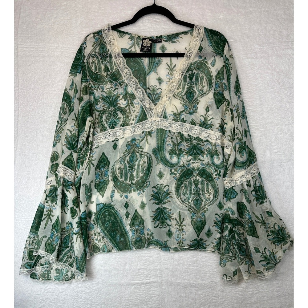 Nancy-K Blouse Womens 1X Green Paisley Lace Trim Bell Sleeve Top